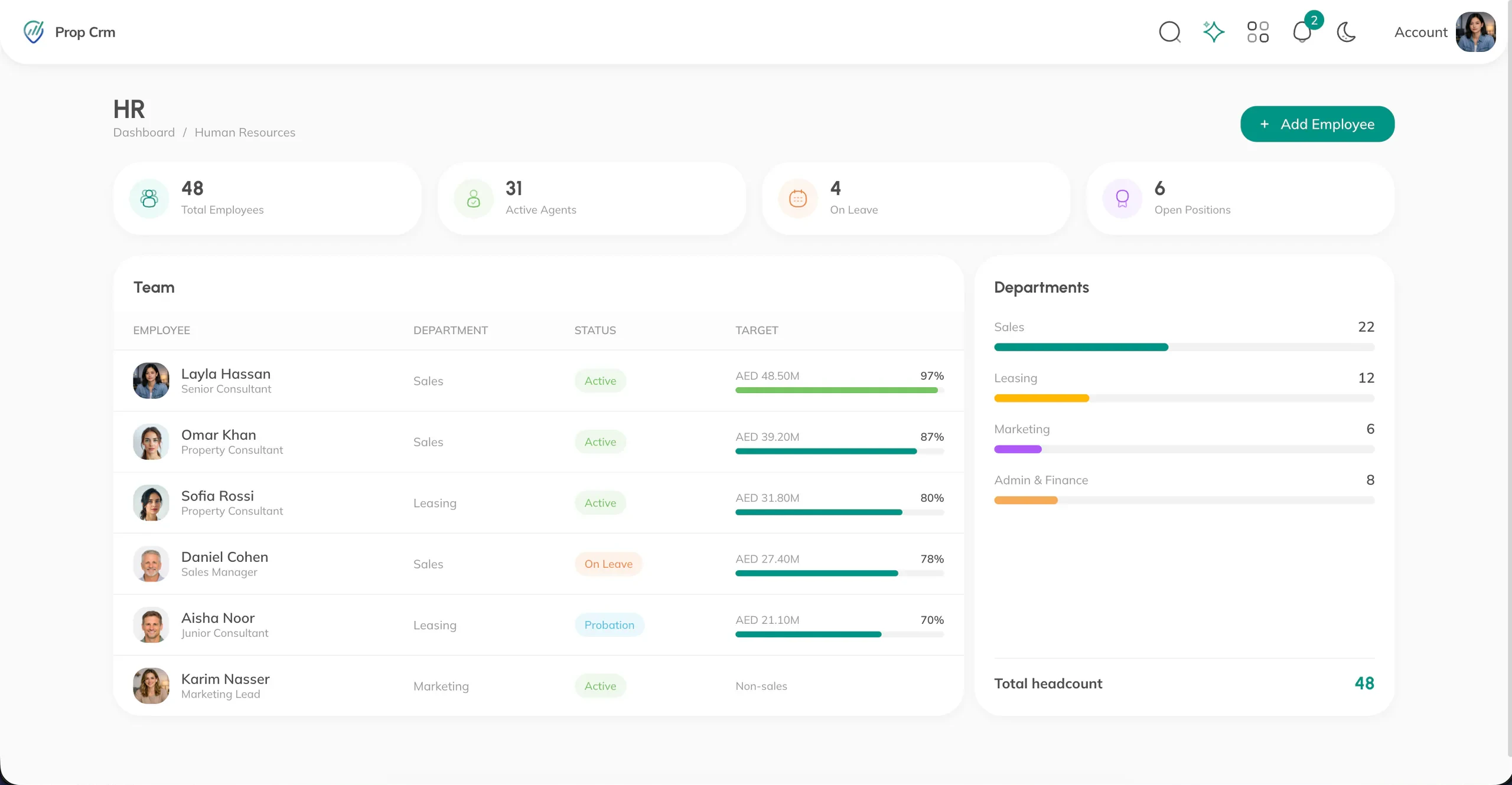 PropCRM HR & Compliance screen