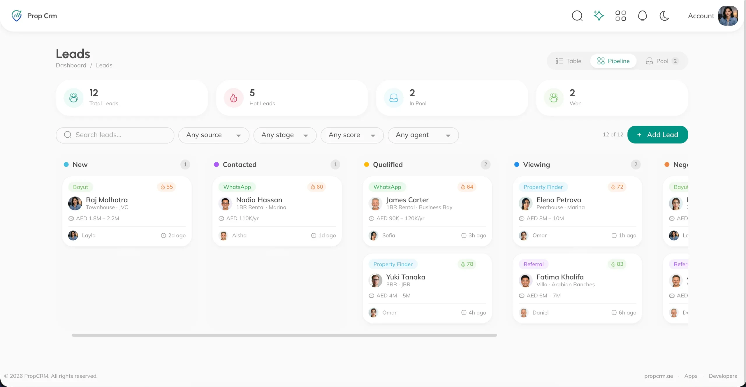 PropCRM Lead Management screen