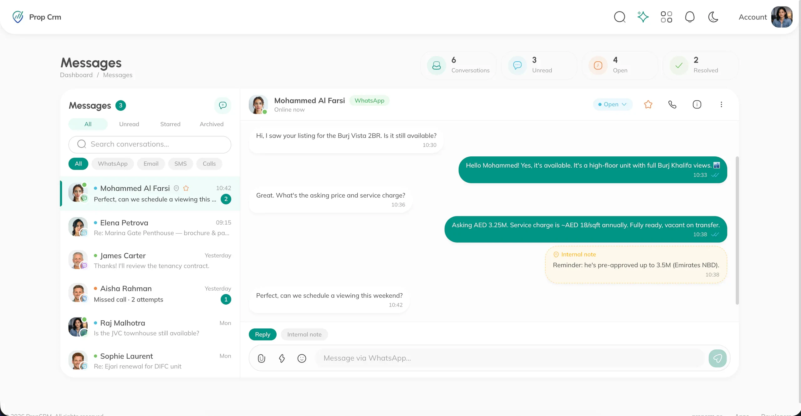 PropCRM WhatsApp & SMS screen