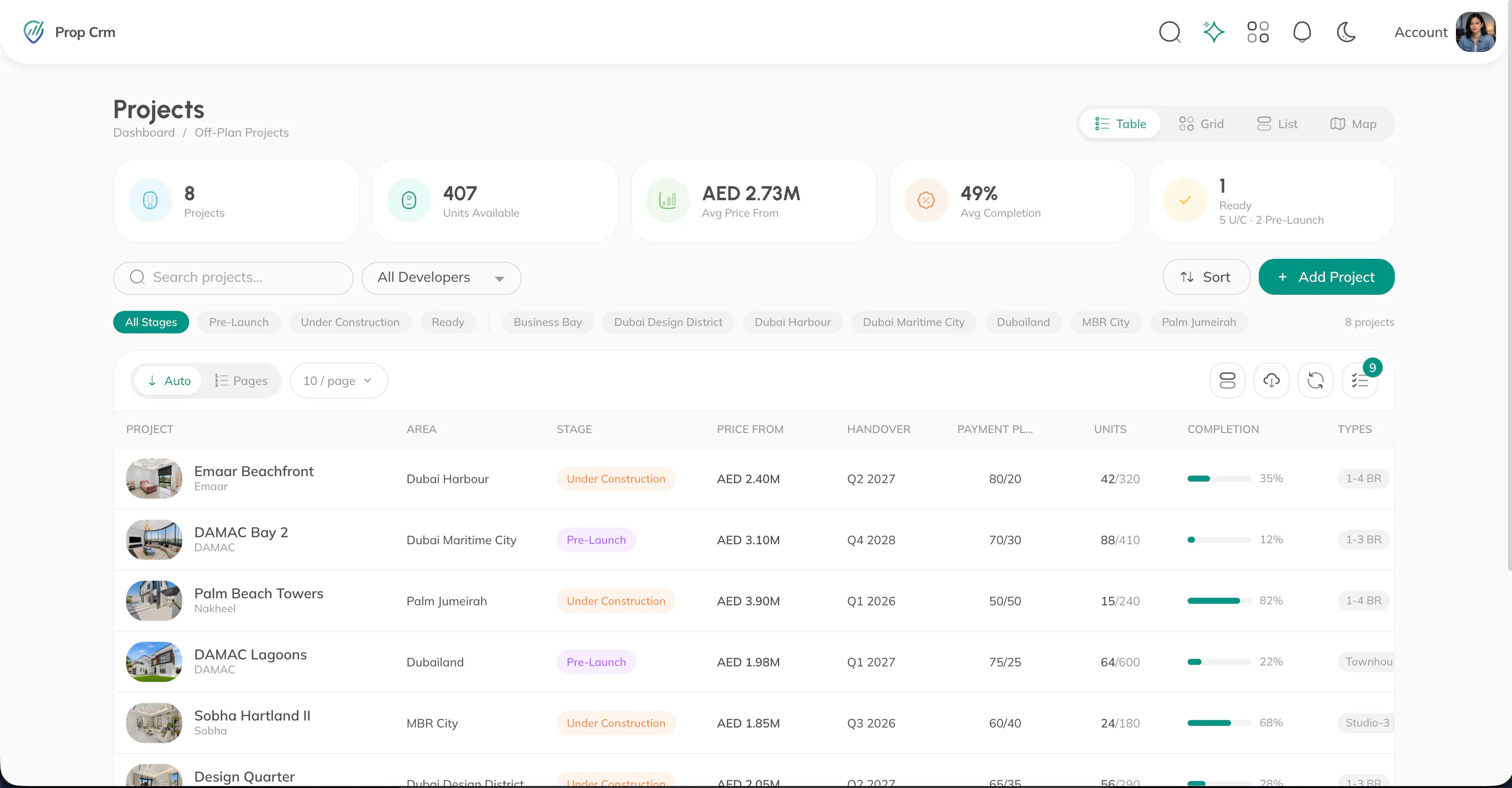 PropCRM Off-Plan Projects screen
