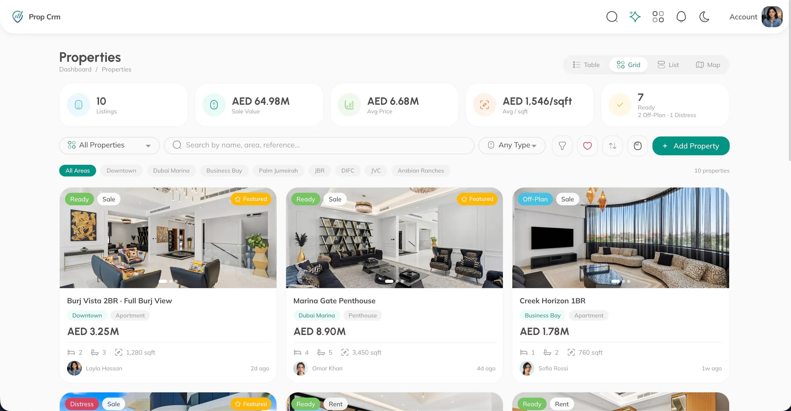 PropCRM Property Listings screen