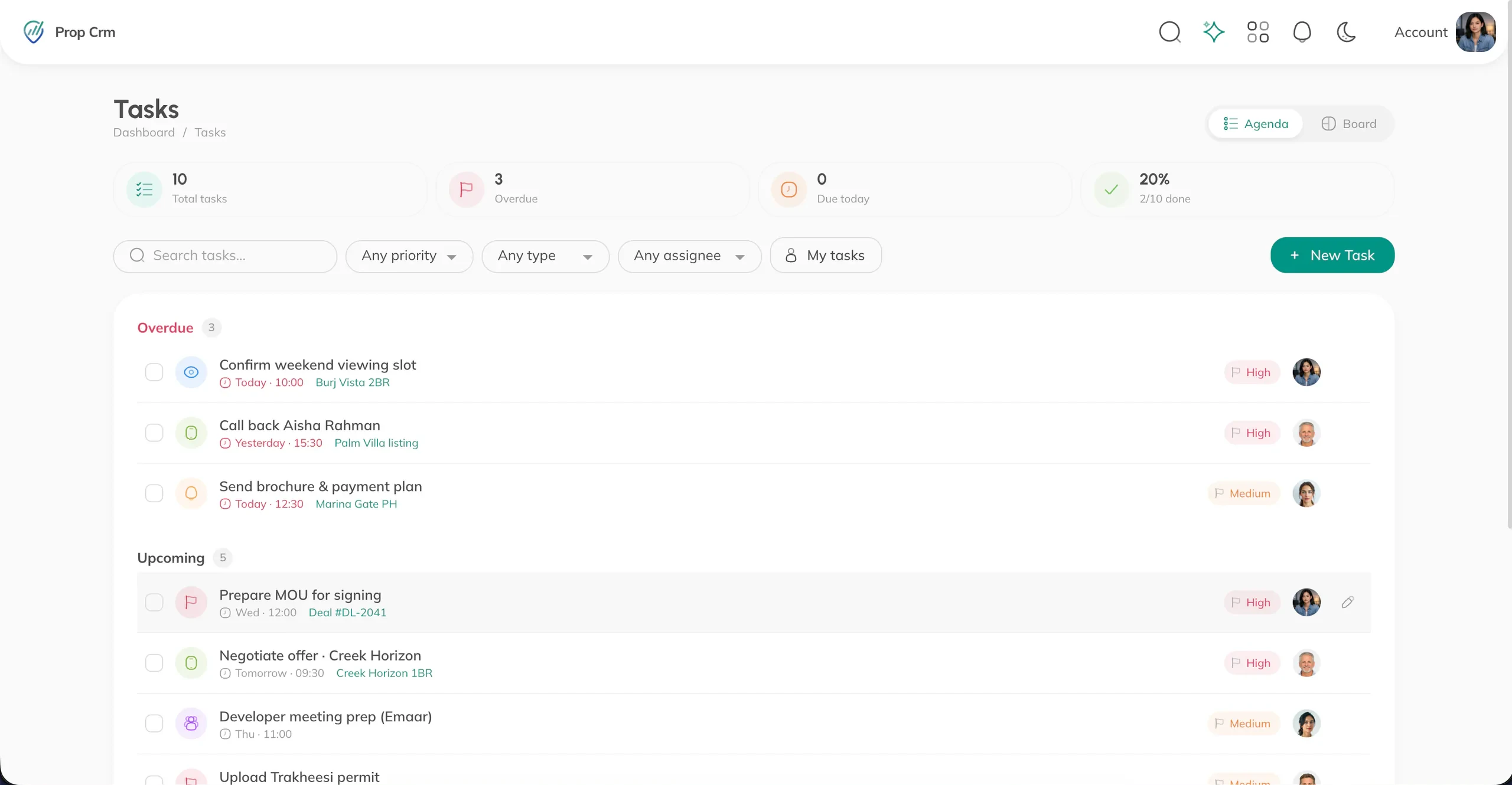 PropCRM Task Management screen