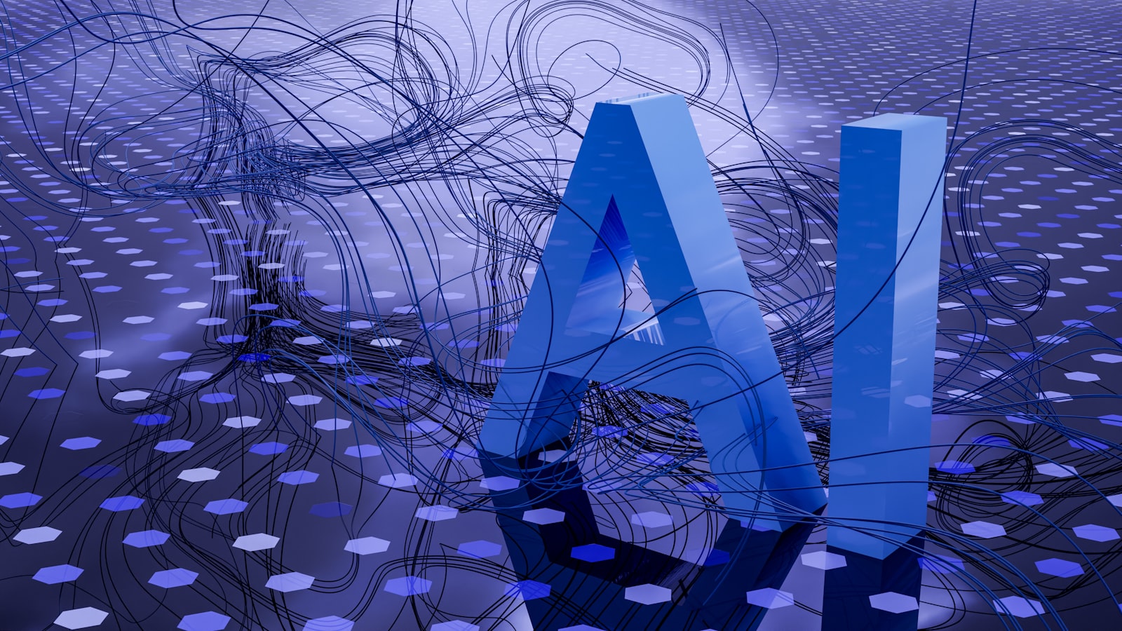 A glossy blue 3D rendering of the letters A and I standing on a dark violet surface scattered with hexagonal tiles and tangled black wires
