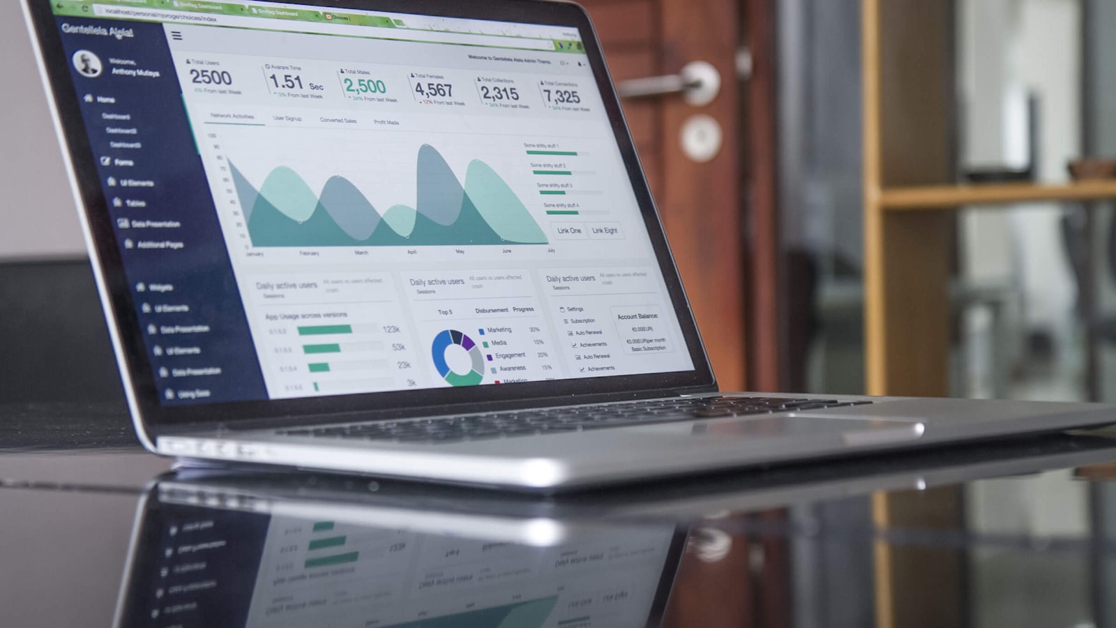 A laptop on a glossy desk displaying a colorful analytics and reporting dashboard in a modern office