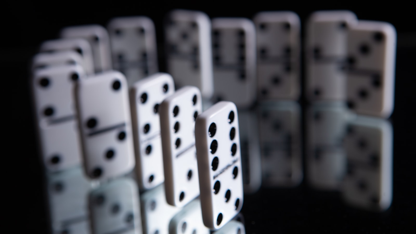 A curved line of glossy white dominoes standing on a dark reflective surface, the nearest tile in sharp focus and the rest receding into shadow