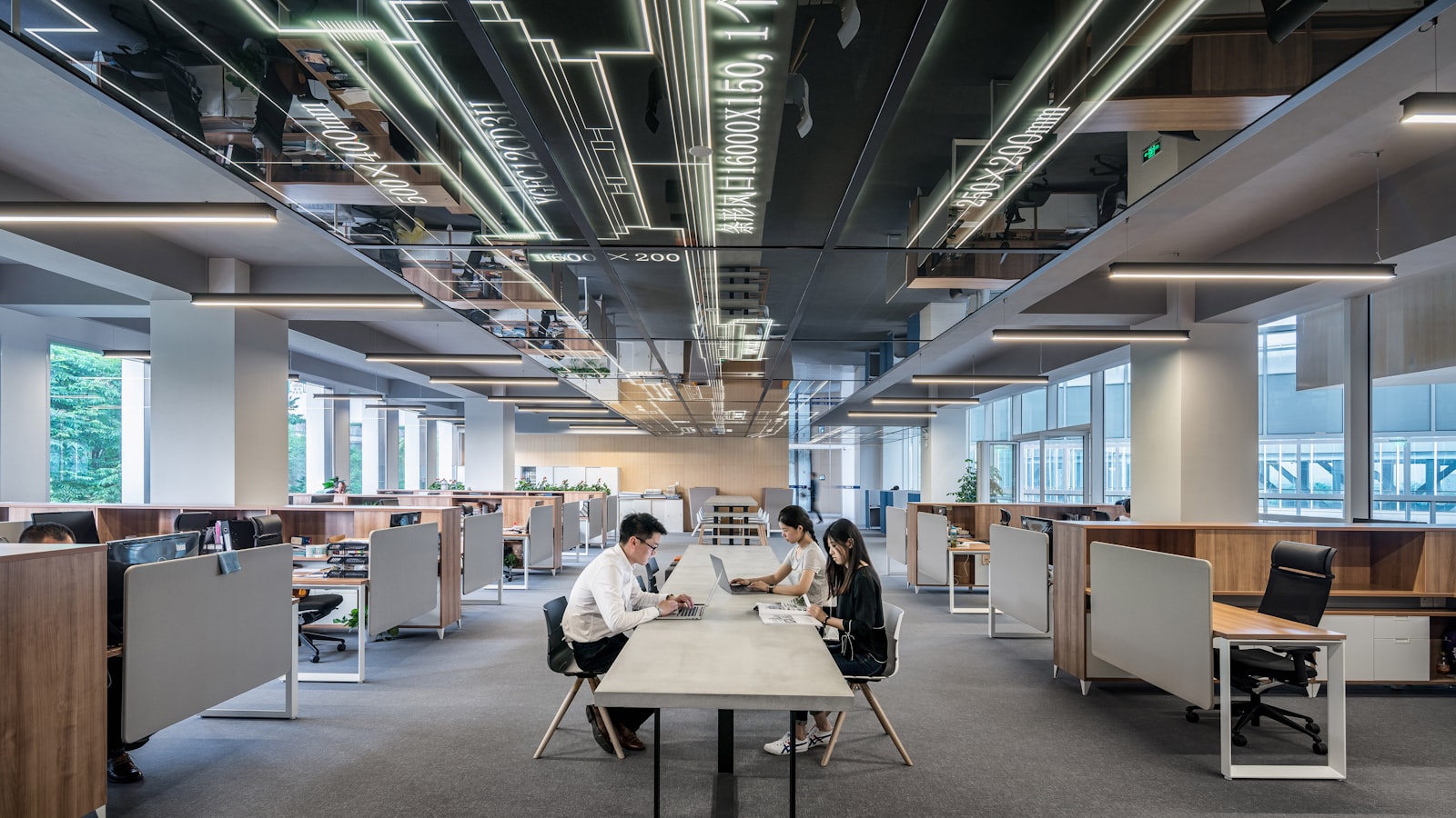 A wide modern open-plan office floor with rows of grey and wood workstations, long linear ceiling lights, and staff working at separate desk clusters